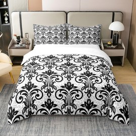 Feelyou White and Black Bedding Duvet Cover Set 100% Cotton Queen Size Kids Retro Jacquard Comforter Cover Set Black Damask Duvet Cover 100% Cotton Vinatge Floral Decor Bedspread Cover