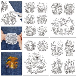 GLOBLELAND 4 Sheets 16Pcs Fantasy Mushroom Water Soluble Hand Sewing Stabilizers for Fabric Embroidery Stitch Practice Eembroidery Patterns Transfers for Embroidery Beginners Lovers