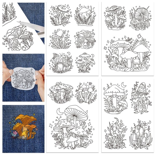 GLOBLELAND 4 Sheets 16Pcs Fantasy Mushroom Water Soluble Hand Sewing