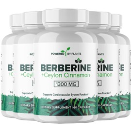 POWERED X PLANTS Pure Berberine Supplement - 1300mg Berberine with Ceylon Cinnamon for Metabolism & Immune System Support - 5 Pack, 300 Servings