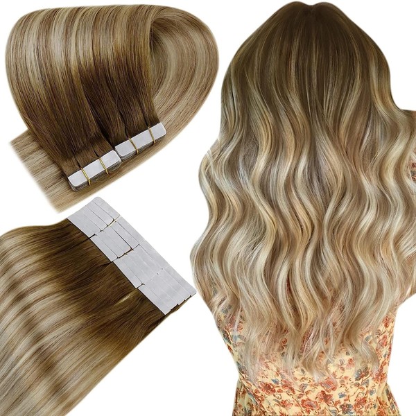 Easyouth Tape-On Extension Real Hair Tape in Real Hair Colour Dark Brown Mix Medium Brown and Medium Blonde 16 Inches 40 g Seamless Glue-On Extension Real Hair