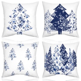 Mixweer 4 Pcs Chinoiserie Christmas Tree Blue Throw Pillow Covers 18 x 18 Inch Chinoiserie Winter Pillow Covers Blue White Christmas Pillow Covers Xmas Tree Pillow Covers for Hanukkah Holiday Decor
