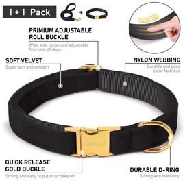 GAMUDA Velvet Dog Collar and Leash, Super Soft and Smooth, Heavy Duty Gold Buckle, Comfortable and Easy to Clean, Adjustable Collar for Dog (XS, Black)