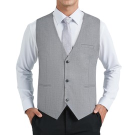 HISDERN Grey Waistcoat Men Classic Formal V Neck Grey Waistcoats for Wedding Party Solid Color Cotton Suit Vest with Pockets L