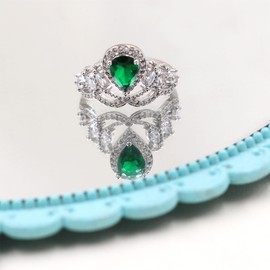 Vivaday Womens Open Size Pear-Shaped Crown Ring with Elegant Green Cubic Zirconia, Vintage Ladies' Special Occasion CZ Platinum Plated Wedding Engagement Rings for Her | YA4666