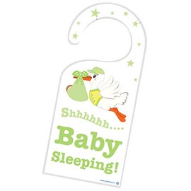 Cute News Shhh Baby Sleeping Door Hanger Sign, Do not Disturb/Knock/Ring Plaque, Be Quiet Newborn Announcement, Gender Neutral Stork Pregnancy Gift, Green