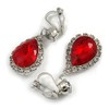 Ruby Red/Clear Crystal Teardrop Clip On Earrings In Silver Tone
