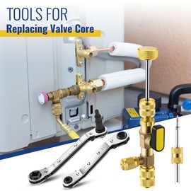 Dreyoo Valve Core Removal Tool HVAC, 2 HVAC Service Wrench 3/16", 5/16", 1/4", 3/8", 20 Pcs Valve Cores with Seal, 5 Brass Nuts And 1 Valve Core Rod Compatible with R410a R32 R22 R12 R407 R404 R600