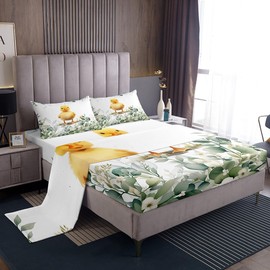 Erosebridal Kawaii Chicken Twin Size Sheet Sets for Boys Girls Cartoon Animal Bed Sheets Set, Eucalyptus Leaves Bedding Farmhouse Chick Sheets, Tropical Botanical Plants Fitted Sheet