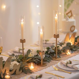 Romadedi Glass Hurricane Candlestick Holders Gold Set of 6 Taper Candle Holder Bulk Tall Clear Glass Cylinder Table Centerpiece Wedding Decor Party Birthday Christmas Home Decorations