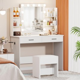 YIKEHOME Makeup Vanity Desk with Mirror and Lights, Vanity Desk with Charging Station and 10 LED Light Bulbs, Glass Door Cabinet, 4 Drawers & Storage Bag, Vanity Table Set with Stool