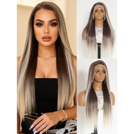 GALLAG Highlight Brown Platinum Blonde 13x6 Lace Front Wig Pre Plucked Glueless Long Straight Ombre Dark Brown White HD 13x6 Frontal Wig Free Deep Part Synthetic Lace Front Wigs for Women