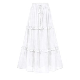 BTFBM Women 2025 Spring Color Long Skirts Casual Elastic High Waist Tiered Swing A Line Boho Beach Maxi Skirt(White,Medium)
