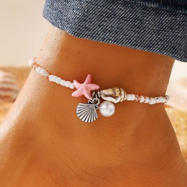 JWZMB Starfish Beach Anklets for Women Adjustable Boho Conch Pearl Anklets Summer Beach Party Jewelry (B Pink)