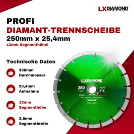 LXDIAMOND Diamond Cutting Disc 250 mm x 25.4 mm - for Cutting Tables, Bridge Saws - Diamond Disc for Cutting Stone, Concrete, Brick, Masonry - 250 mm Stone Disc in Professional Quality