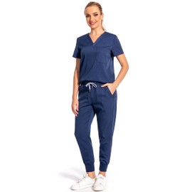 Scrubs for Women Set Medical Uniform - V-Neck Top & Jogger Pants with 6 Pockets, Nurse Workwear (Navy, Small)