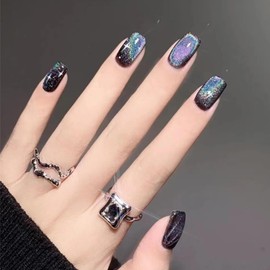 Square Press on Nails Short Black Fake Nails with Colorful Design Glossy Glitter Nails Press ons Artificial Acrylic Nails Square False Nails Full Cover Stick On Nails for Women Girls 24Pcs
