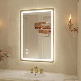 Jing yi ming jing 20"x 28" Gold Framed LED Mirrors for Bathroom, Wall Mounted Lighted Bathroom Vanity Mirror, Front and Backlight, Stepless Dimmable, 3 Colors, Anti-Fog, Memory, Smart Touch Button