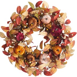 Egolot 24 Inch Fall Velvet Pumpkin Wreath with Berries for Front Door, Fall Pumpkin Wreaths for Indoor Outdoor, Rustic Farmhouse Harvest Thanksgiving Pumpkin Wreaths for Home Decor