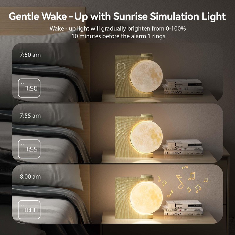 RETEYUNG Rotatable Moonlight Alarm Clock, Sunrise Alarm Clocks, Night Lamp