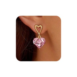Aneneiceera Vintage Pink Heart Dangle Earrings Gold Hollow Heart Stud Earrings Pink Crystal Earrings Wedding Love Heart Earrings Jewelry for Women and Girls