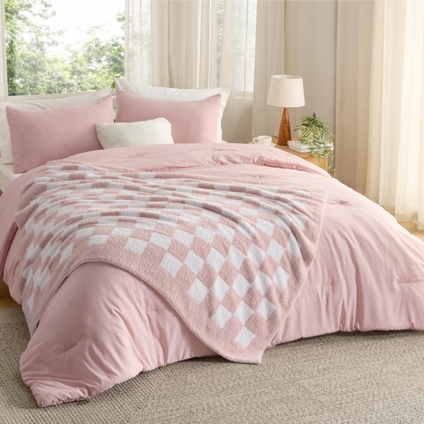 Bedsure Full Comforter Set with Checkered Throw Blanket for Couch