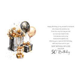 Cherry Orchard | Husband 50th Birthday Card | Birthday card for Husband 50th | Sleek and STylish Black & Gold design | Gold Foil Accents | Complete with envelope