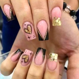 24Pcs Valentines French Tip Press on Nails Medium Square Fake Nails with Gold Glitter Heart False Nails Design Black Nail Tips Stick on Nails Nude Glossy Full Cover Artificial Glue on Nails for Women
