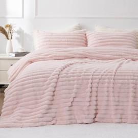 A Nice Night Stripes Fleece Queen Comforter Set -Super Soft & Warm Fluffy Bedding, Faux Fur Luxury Fuzzy Heavy Bed Set for Winter,Blush