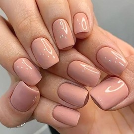 Press on Nails Short Square MABKJLF Nude Fake Nails Solid Color Full Cover Glue on Nails Glossy False Nails with Glue Nude Pink Acrylic Nails Artificial Nails for Women Girls 24 Pcs