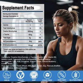 Creatine Monohydrate Gummies 5000 mg for Men & Women, Sugar-Free,Low in Calories,with L-Taurine + Vitamins for Increasing Muscle Strength, Improving Endurance,120 Gummies