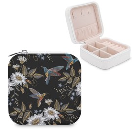 Donnapink Humming Bird and White Chamomile Flower Embroidery on Black Woman PU Leather Jewelry Box, Small Travel Display Storage Organizer Case Bag Holder for Rings, Earrings, Necklaces, Bracelets