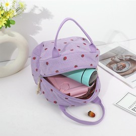 EDLMKM Insulated Lunch Bag for Women Girls Teens Adult, Cute Strawberry Purple Lunch Bag, Portable Handbag, Reusable Cooler Bags Foldable Leakproof Lunchbag for Work, School, Travel Picnic