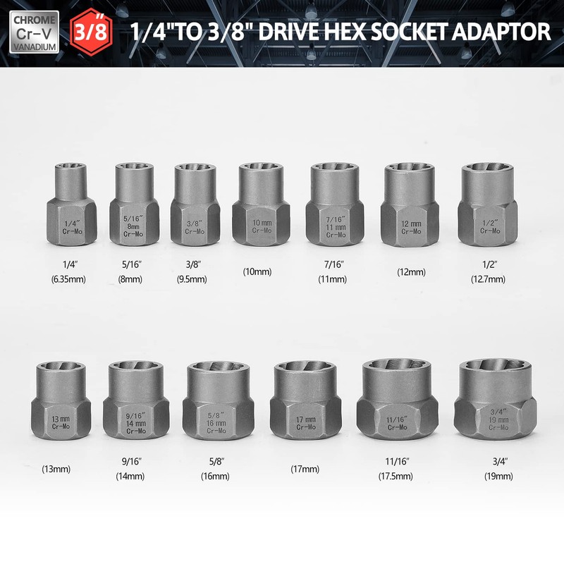 15-Piece Spiral Profile Socket Wrench Set, Screw Extractor Set, Bolt