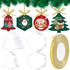 Fangoo 24Pcs Christmas Bauble Blank Acrylic Disc Ornaments 4 Shape Clear Hanging Christmas Tree Decorations with Golden Ribbons for Handicraft Production and Christmas Party Decoration