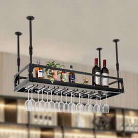 Industrial Bar Floating Shelf Vintage Metal Wine Holder - Ceiling Mounted Hanging Rack for Bottle and Glass - Home Bar Cafe Kitchen Restaurant Display (Black)