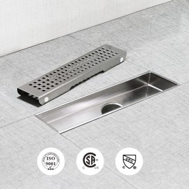 SaniteModar Linear Shower Drain 12 inch with Removable Square Hole Panel by Using Brushed 304 Stainless Steel Process, Linear Drain Equipped with Adjustable Feet and Hair Strainer