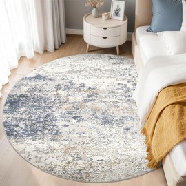 DMOYEST 6ft Round Area Rug Living Room Rugs - 6x6 Washable Large Soft Indoor Neutral Modern Abstract Low Pile Rug Carpet for Bedroom Dining Room Farmhouse Home Office - Beige Blue