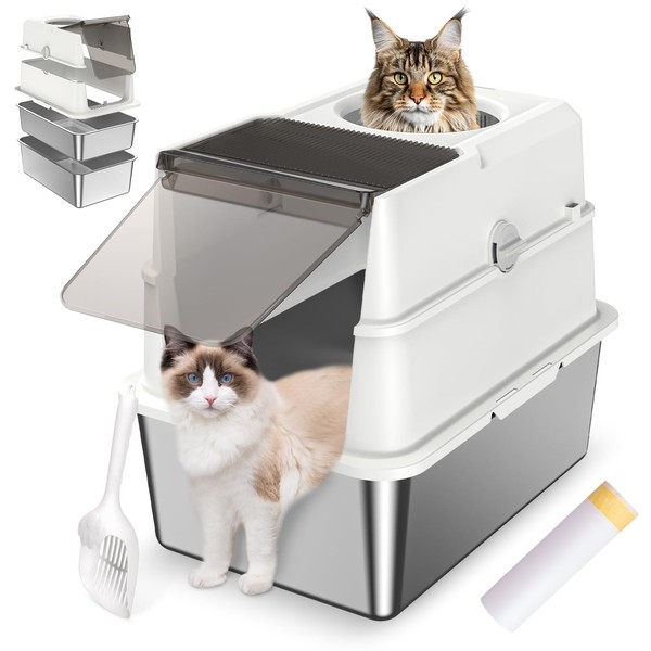 Sifting Litter Box, Fully Enclosed Stainless Steel Litter Box, 23.6"L