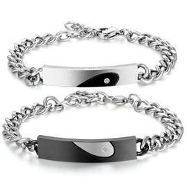 JewelryWe Pair of Love Heart Bracelets, Stainless Steel Bicolour Bracelets, Black / Silver Partner Bracelet with Zirconia, for Lovers, Stainless Steel, 1 pair/2 pieces with engraving