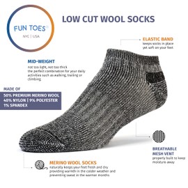FUN TOES - Calcetines de compresión para hombre, de lana merina, de corte bajo, 6 pares, Negro -, 10-13