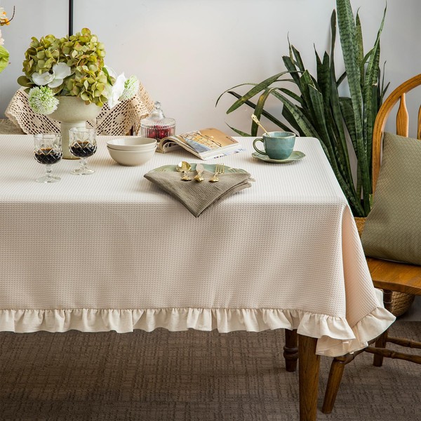 Waffle Weave Textured Rectangle/Oblong Tablecloth with Cotton Retro Ruffle Trim