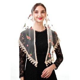 PAMOR Triangle Little Flower Chapel Veils Embroidered Scarf Shawl Latin Mass Head Covering Mantilla Veil for Church (Champagne Rose)
