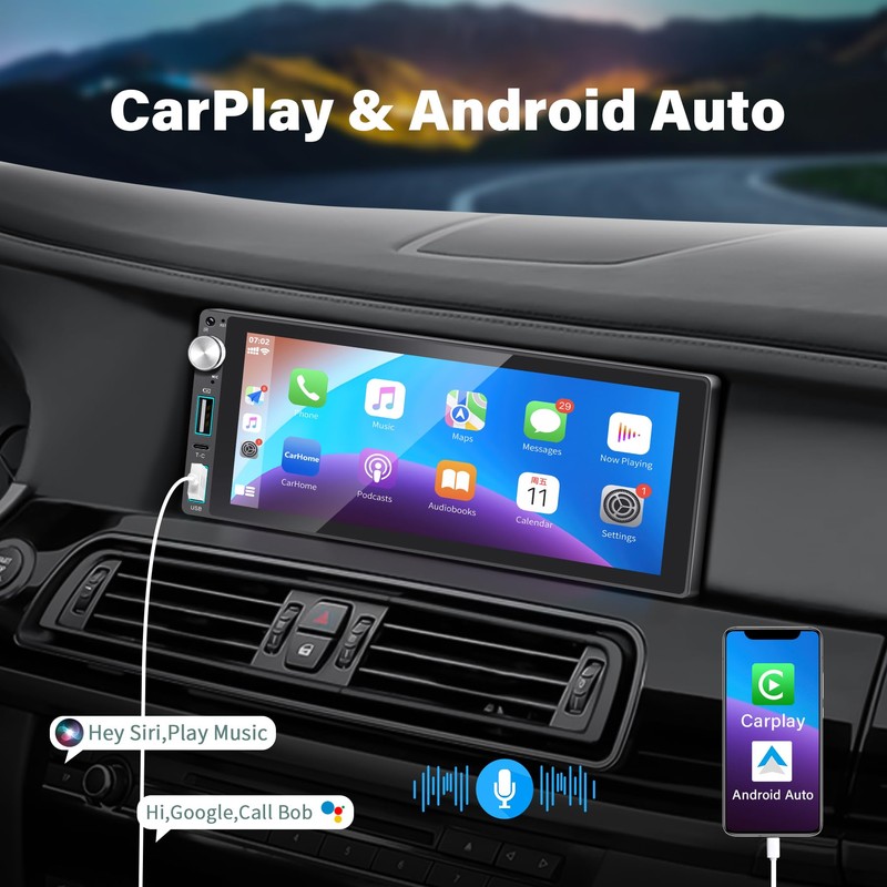 Single Din Car Stereo with Apple Carplay Android Auto,6.9 Inch