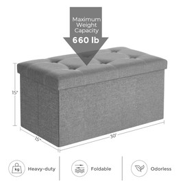 SONGMICS Ottoman Storage Bench, 21 Gal. Folding Chest with Breathable Linen-Look Fabric, Holds 660 lb, for Entryway, Living Room, Bedroom, Light Gray ULSF001G02