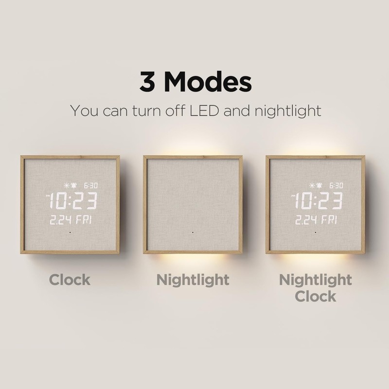 mooas Wooden Frame LED Silent Wall Clock with Remote, Backlit