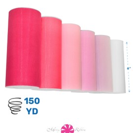 Morex Ribbon Pink Ombre' Tulle 6 Pack, Nylon, 6" by 150 yd Total, White/Lt. Pink/Tulip/Pink/Shocking Pink/Cerise, Item 1366p6-606