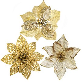 Winlyn 24 Set 3 Styles Christmas Gold Glitter Poinsettia Flowers Picks Christmas Tree Ornaments for Gold Christmas Tree Wreaths Garland Holiday Seasonal Wedding Decorations White Gift Box Included