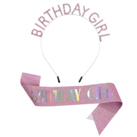 Yymobt Birthday Sash and Tiara Glitter Sashes and Rhinestone Headband Birthday Girl Headpiece Sash with Pin for Women