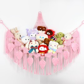 Stuffed Animal Hammock Corner Plushie Net for Stuffed Animals Storage Wall-Mounted Net Toy Storage Organizer Kids Room Storage Organizer for Bedroom Macrame Stuffed Animals Toys Hammock (Pink, L)